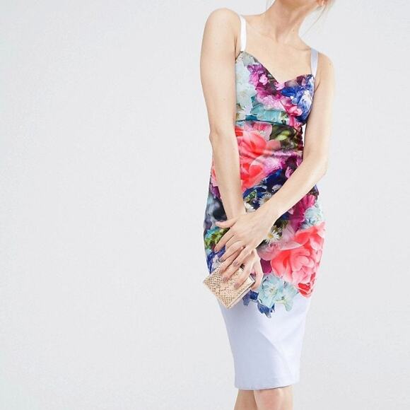 Ted Baker London Emore Focus Bouquet Floral Print Bodycon Midi Slim Fit Dress - Picture 1 of 12